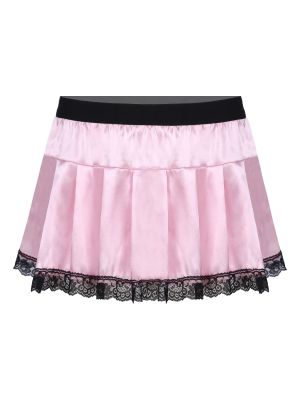 iEFiEL Mens Sissy Lace Trim Pleated Skirt Role Play Costume Satin Miniskirt Nightwear