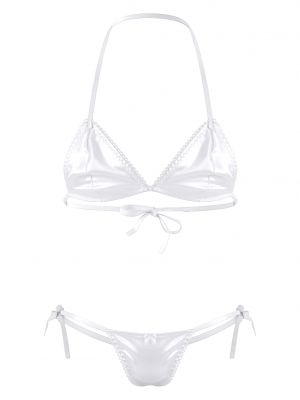 iEFiEL Mens Sissy Satin Lingerie Set Lace-up Halter Unlined Wireless Bra with Thongs Underwear 
