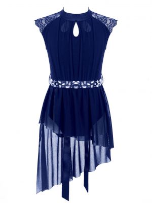 iEFiEL Big Girls Lyrical Dance Dress Hollow Back Asymmetrical Tulle Gymnastic Leotard Dress with Rhinestone Waist Belt