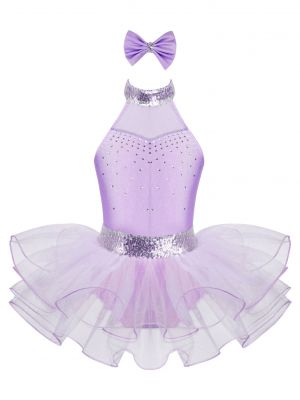 iEFiEL Big Girls Dance Clothing Sleeveless Sequins Rhinestone Tutu Mesh Dress with Bowknot Headband