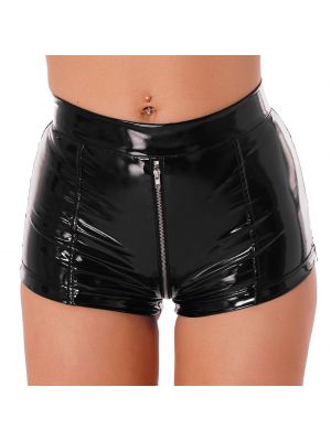 Womens Wet Look Patent Leather Hot Pants Adjustable Buckle Zipper Crotch Booty Shorts for Club Pole Dancing