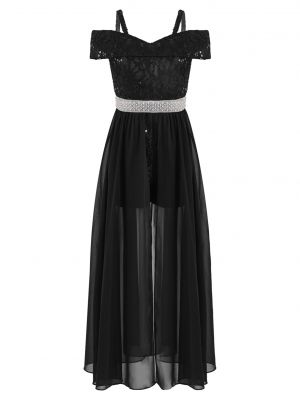 iEFiEL Kids Girls Beading Floral Lace Party Dress Off Shoulder Chiffon Overlay Evening Dancing Romper Dress