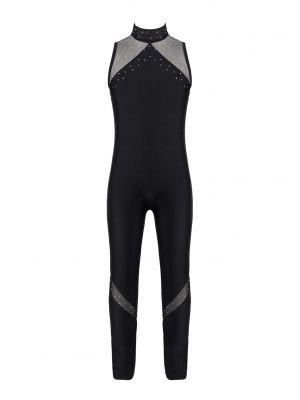 iEFiEL Big Girls Open Back Faux Diamonds Decor Skating Bodysuit Sleeveless Mesh Patchwork Long Gymnastics Jumpsuit 
