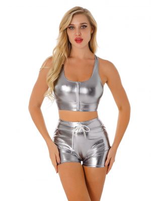 iEFiEL Womens Shiny Metallic Dancewear Sleeveless Front Zipper Racer Back Vest with Drawstring Shorts Sportswear 