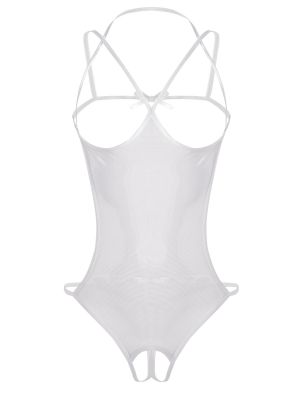 Womens See-through Mesh Crotchless Bodysuit Hollow Out Halter Backless Leotard Lingerie Sleepwear