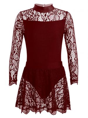 iEFiEL Girls Long Sleeve Leotard Dance Dress Lace Hollow Backless Leotard with Lace Ruffle Skirt Outfit