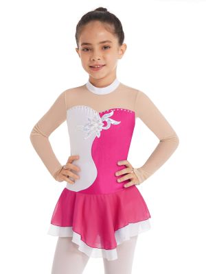 iEFiEL Kids Big Girls Long Sleeves Sequins Ballet Dance Leotard Mesh Patchwork Faux Diamonds Decor Skating Bodysuit