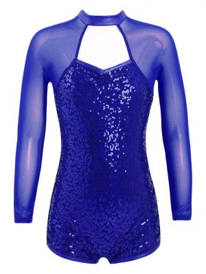 iEFiEL Girls Patchwork Mesh Long Sleeve Ballet Dance Leotard Sparkling Sequins Backless Dance Jumpsuit
