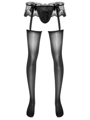 Men Sissy Sheer Lace Cutout Bulge Pouch G-String Pantyhose
