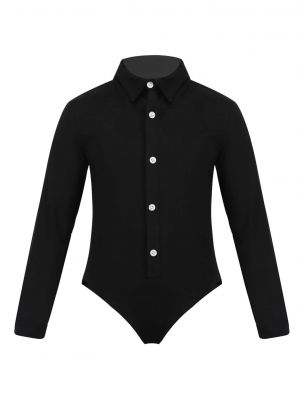 iEFiEL Kids Boys One-Piece Dance Costume Long Sleeves Romper Shirt Leotard Bodysuit for Modern Latin Dance 