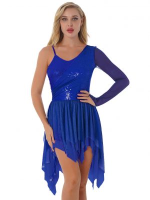 iEFiEL Womens Sparkling Sequin Ballet Dance Dress One Shoulder See-through Mesh Asymmetrical Hem Dancewear 
