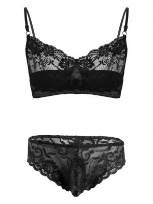 iEFiEL Mens Sissy Lingerie Suit Floral Lace Cups Satin Patchwork Bra Top with Bulge Pouch Briefs