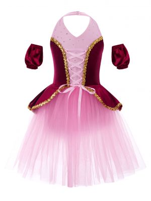 iEFiEL Girls Sleeveless Hollow Back Tutu Mesh Dress Shiny Sequins Patchwork Style Dresses Costume with Cuffs