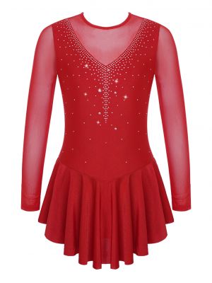 iEFiEL Girls Long Sleeve Skating Dress V Shape Rhinestone Decor Patchwork Dancing Dress 
