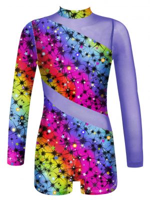 iEFiEL Kids Big Girls Asymmetrical Long Sleeves Dance Bodysuit Mesh Patchwork Jumpsuit for Gymnastics Fitness Workout