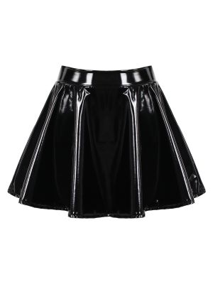 iEFiEL Womens Glossy Patent Leather Flared Skirt A-Line Mini Skirt for Club Dance Stage Performance Costume