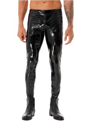 iEFiEL Men's Faux Leather Double Zipper Crotch Long Pants Stretch Tight Leggings Slim Trousers Clubwear