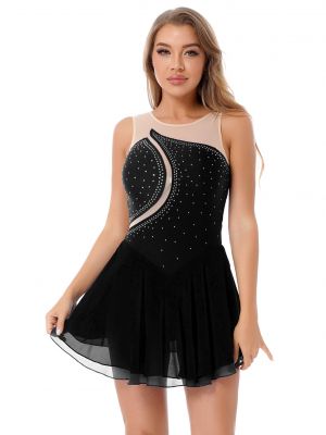 iEFiEL Womens Sheer Mesh Patchwork Figure Skating Gymnastics Leotard Dress Shiny Rhinestone Dance Dresses Costume
