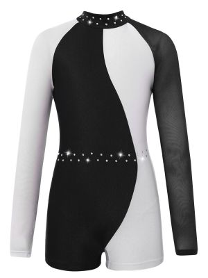 iEFiEL Girls Stylish Clothing Mesh Long Sleeve Jumpsuit Contrast Color Dance Leotard