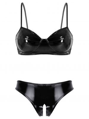 Women Glossy Patent Leather Bra and Open Crotch Briefs Lingerie Set