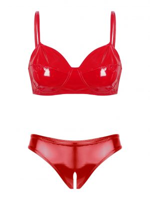 Womens Glossy Patent Leather Lingerie Set Underwear Bra Tops with Open Crotch Briefs