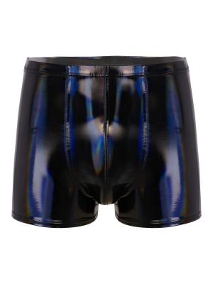 Mens Wet Look Patent Leather Shorts Bulge Pouch Boxer Brief Short Pants