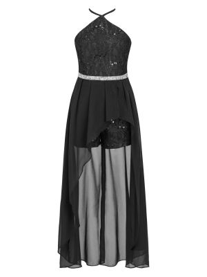 iEFiEL Kids Girls Floral Lace Party Jumpsuit Shiny Rhinestone Belt Asymmetrical Chiffon Skirt