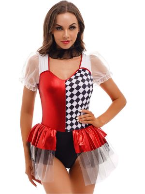 iEFiEL Womens Halloween Clown Role Play Costume Puff Sleeve Dress Layered Skirted Leotard with Neckwear