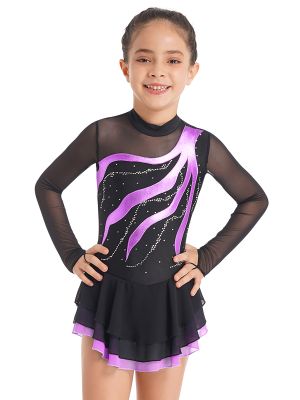 iEFiEL Kids Girls Long Sleeve Rhinestone Decorated Dancewear Patchwork Style Hollow Back Dance Dress
