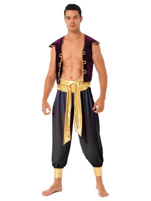 Men Arabian Prince Halloween Costume Waistcoat with Bloomers Pants