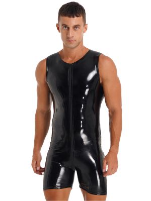 iEFiEL Mens Patent Leather Zippered Bodysuit Glossy Sleeveless Jumpsuit Club Stage Performance Costume