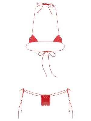 iEFiEL Womens Two-Piece Lingerie Suit Wetlook Patent Leather Micro Bikini Set Halter Lace-up Bra with G-string