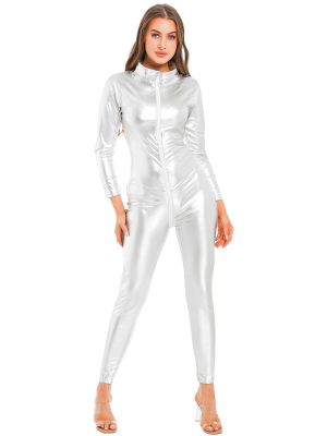 iEFiEL Womens Metallic Shiny Long Sleeve Bodysuit Zipper Crotch Jumpsuit Club Stage Performance Catsuit
