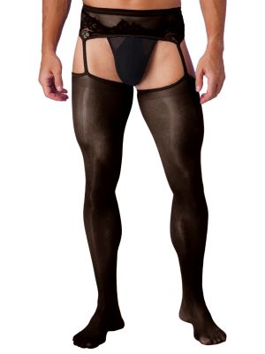 Men Sissy Floral Lace Cutout Crotchless Pantyhose Garter Stockings