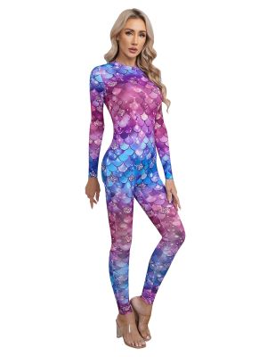Womens Mermaid Cosplay Fish Scale Print Full Body Rompers Bodysuit