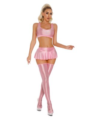 Women Glossy Sleeveless Crop Top and Miniskirt Thigh High Stockings Set