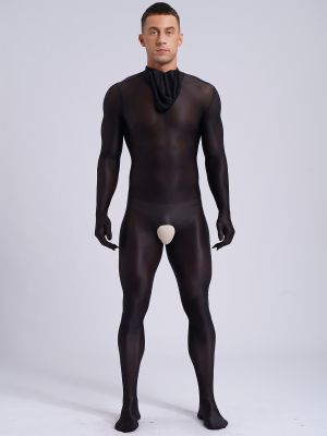 Men Glossy Full Body Stretchy Crotchless Back Zipper See-Through Bodystocking