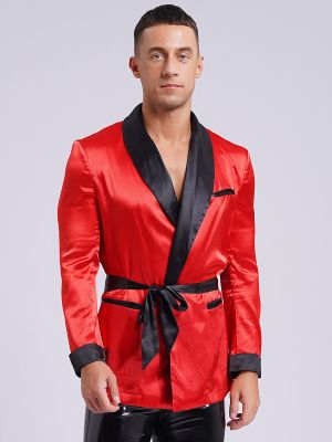 Men Lapel Long Sleeve Side Pockets Satin Kimono Bathrobe with Belt