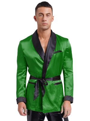 Men Lapel Long Sleeve Side Pockets Satin Kimono Bathrobe with Belt