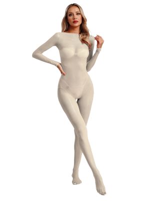 Women Long Sleeve Footed See Through Bodystockings Bodycon Jumpsuit