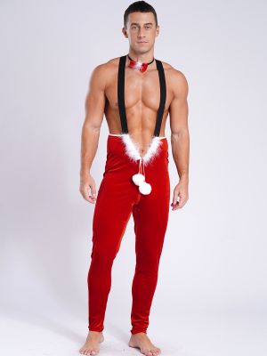 Men Christmas Plush Ball Zipper Elastic Strap Jumpsuit with a Bowknot Neckband