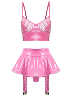 Women 2pcs Wet Look Patent Leather Push Up Bra Top and Ruffle Miniskirt Set