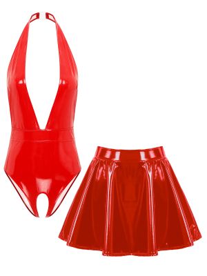 Women 2pcs Wetlook Patent Leather V Neck Crotchless Leotard and Mini Skirt Set