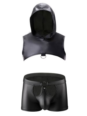 Men 2pcs Patent Leather Sleeveless Hooded Top and Mini Shorts Set