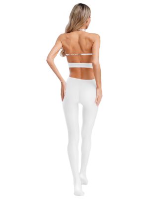 Women Glossy Sheer Jumpsuit Halter Neck Sleeveless Lace-up Hollow Out Bodysuit