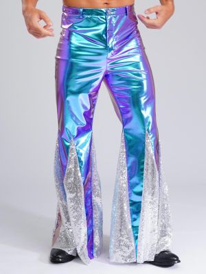 Men's 70s Disco Pants Shiny Metallic Sequins Flared Hippie Costume Clubwear