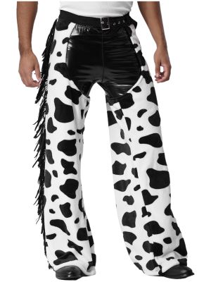 Men's Cow Print Flannel Chaps Pants Cowboys Riding Costume for Halloween Cosplay