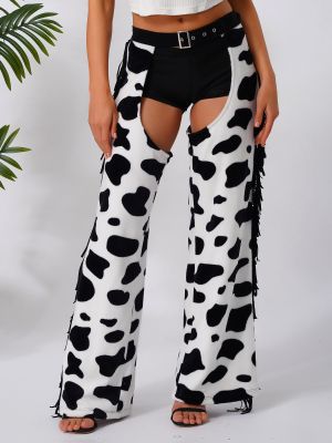 Womens Cow Spot Pattern Flannel Long Pants Tassel Open Crotch Halloween Costume