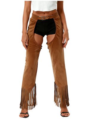 Women Vintage Suede Cowgirl Chaps Crotchless Pants for Halloween, Rodeo Cosplay