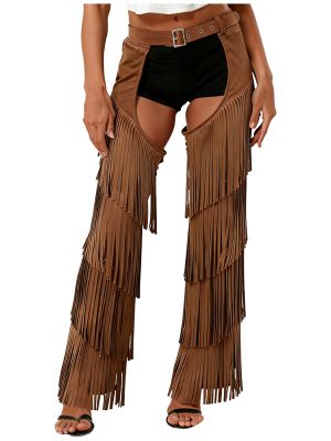 Women's Open Crotch Cowgirl Pants Layered Fringe Adjustable Buckles Buttless